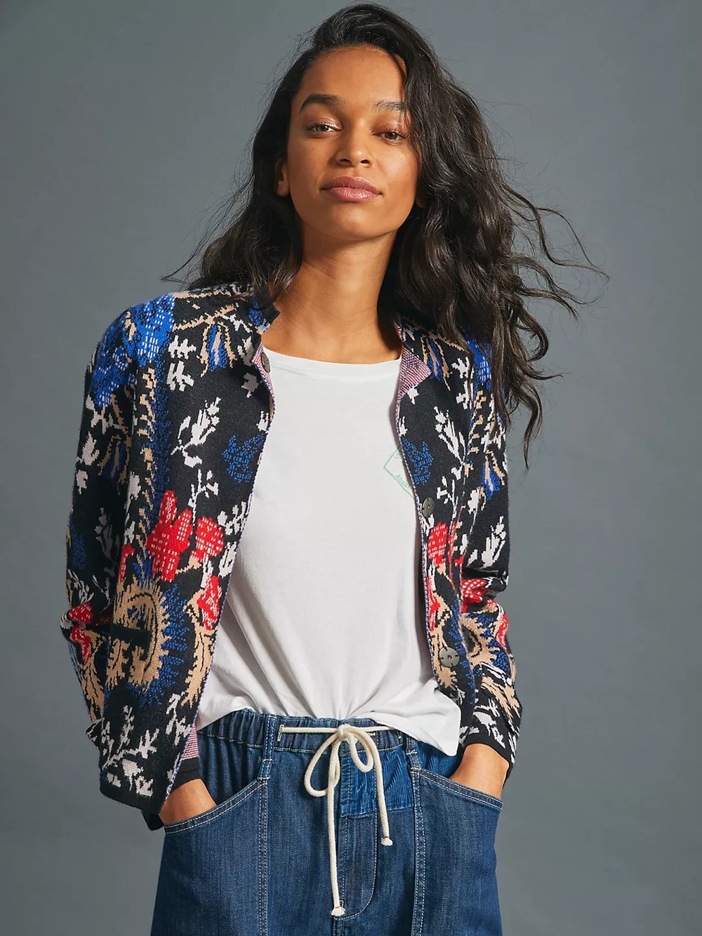 Anthropologie || Pilcro Debra Cropped Sweater Jacket Floral Knit Black Red Small